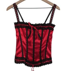 Frederick's of Hollywood Womens Sz 34 Red Black Vintage Satin Corset Black Lace